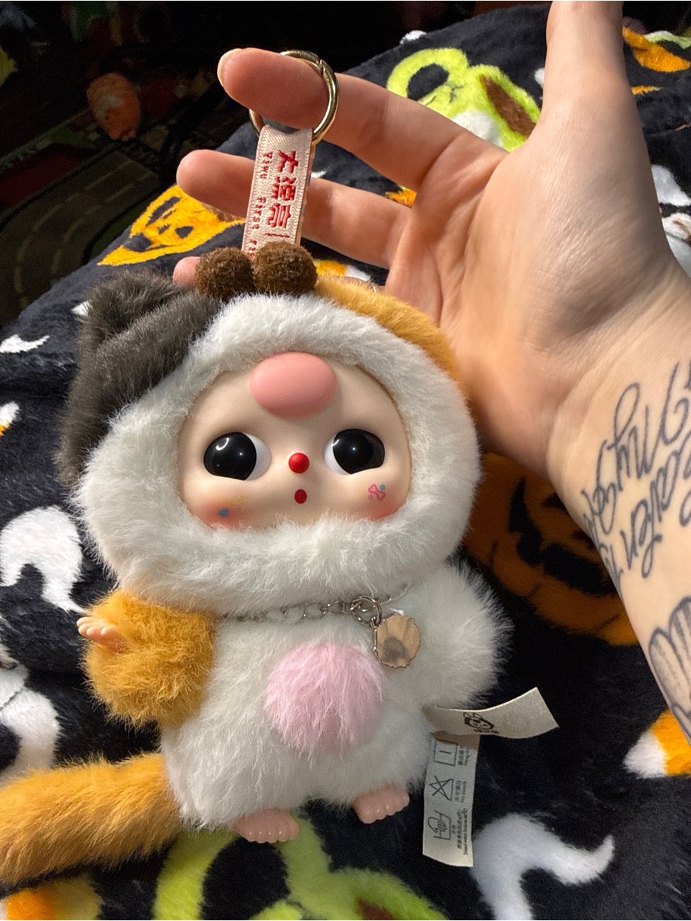 Cute Plush Animal Keychain - White, Yellow & Pink Faux Fur Charm